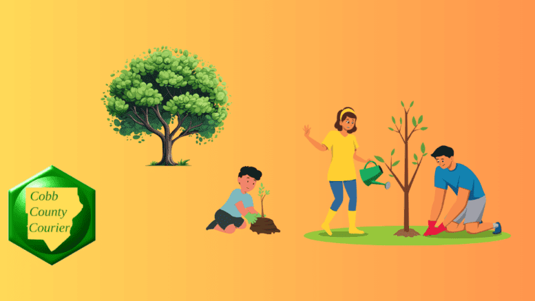 A drawing of a family planting trees