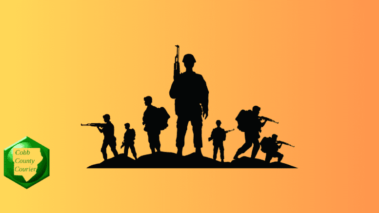 Silhouettes of a group of soldiers with weapons and other gear