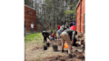 People planting trees in a raised bed running the length of a brick building side