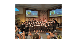 41 seniors in caps and gowns in group photo at the Sprayberry High School Interfaith Baccalaureate