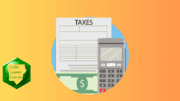 A calculator, paper currency and a tax form