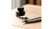 A silver fountain pen on a birch desk with an ink bottle alongside