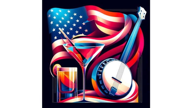 A graphic with a flag, a cocktail glass and a banjo