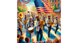 A diverse group of band members marching in a parade, an American flag unfurled above them