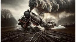 An AI-generated graphic of a wreck involving a steam locomotive