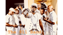 A band dressed in white, with one member holding up a phone with 911 displayed