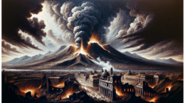 Mt. Vesuvius erupting doing catastrophic damage to Pompeii, the Greek city below