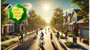 The sun beats down on a group of people cycling and walking on a suburban stree