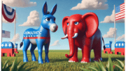 Cartoon-like image of a Democratic Donkey alongside a GOP Elephant