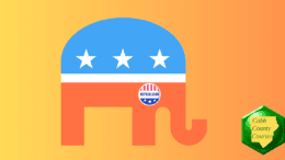 A caricature of a GOP elephant wearing a button labeled "Republican"