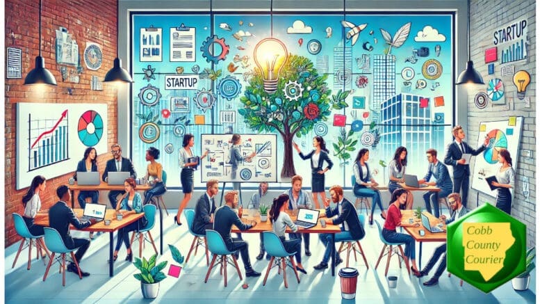 A large group of people in a modern office of a startup business