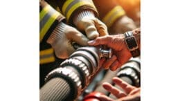 Closeup of hands uncoupling a fire hose