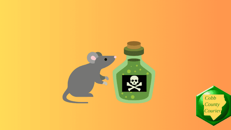 A rat standing next to a bottle with the poison skull and crossbones