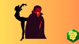 A drawing of Dracula with a dancer in the background