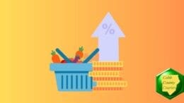 A drawing of a basket of food alongside a stack of coins and an upward arrow representing rising cost