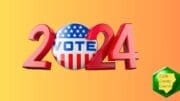 The year 2024 in big red letters with "Vote" written in the "O" which is the shape of a campaign button