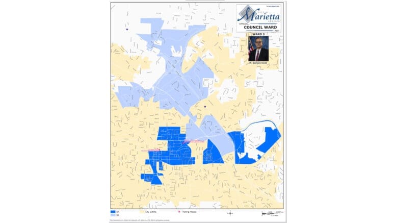 A map of Marietta's Ward 5, with an inset photo of the councilman M. Carlyle Kent