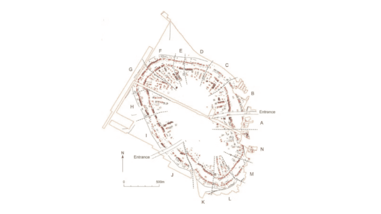 A diagram of the ancient city of Nebelivka showing the layout of the residential areas