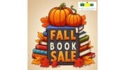 Fall images with pumpkin and bright-colored leaves, surround books and the title Fall Book Sale