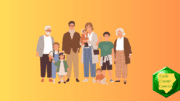 A drawing of a multi-generational family ranging from infant to grandparents lined up as if for a photo shoot