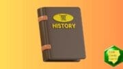 A color drawing of a brown leather-bound book labeled "History"