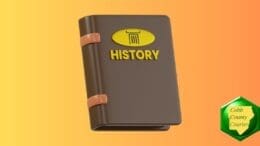 A color drawing of a brown leather-bound book labeled "History"
