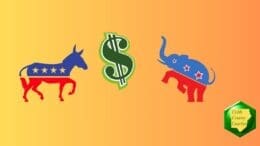 A Democratic Donkey icon and a Republican Elephant icon face off toward a dollar sign