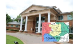 Smyrna Ward 2 meeting feature image: A photo of Smyrna City Hall, a brick building with four tall white wooden columns. An inset map of Smyrna's Ward 2 is in the lower right-hand corner of the image