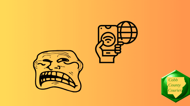 Internet troll icon alongside icon of a hand holding a smartphone pointed to a globe