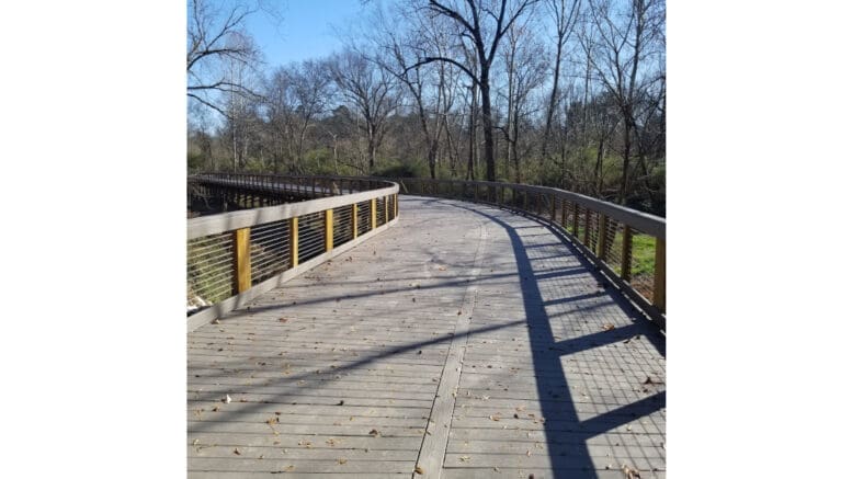 The boardwalk trail at the beginning of the Chatthoochee RiverLands trailhead in Mableton, adjacent to Discovery Park