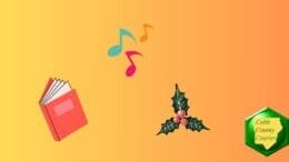 A graphic with a book, musical notes, and holly leaves with berries