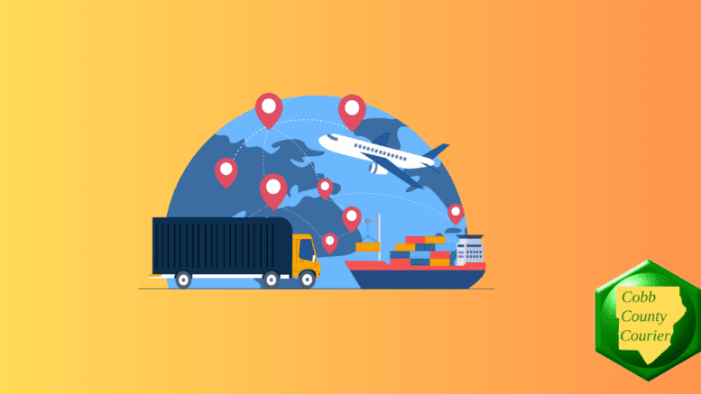 Half of a globe with a truck, an airplane and a ship representing global freight shipping