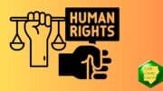 One hand holds the Scales of Justice, another holds a sign reading "Human Rights"