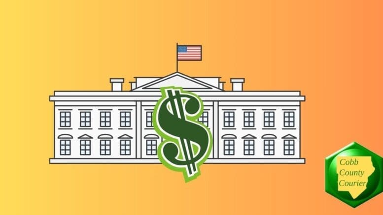 A drawing of the White House with a dollar sign superimposed on it