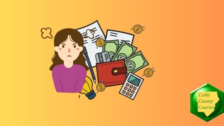 Image representing anger over high costs: A drawing of a woman steaming with anger beside a set of forms, a calculator, a wallet with money and credit cards hanging out and dollar signs