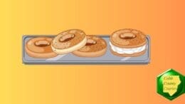 Drawing of a tray of four bagels, the one on the right with cream cheese