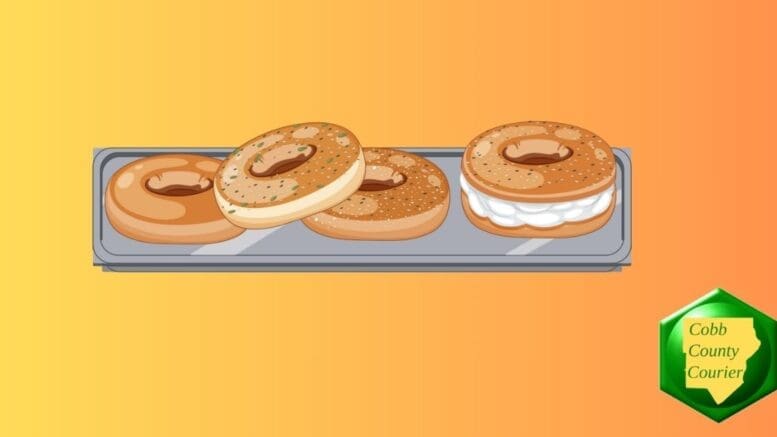 Drawing of a tray of four bagels, the one on the right with cream cheese