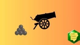 Silhouette of a cannon on wheels beside a pyramid of cannon balls