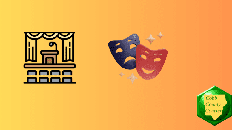 Two drawings: One of a stage with a dais and chairs lined up to the front. Another of a pair of masks representing drama and comedy by sad and happy faces.