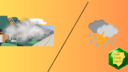 A diagonally split screen with fog and houses on one side, thunderclouds with lightning on the other