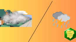 A diagonally split screen with fog and houses on one side, thunderclouds with lightning on the other