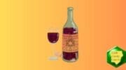 Color drawing of a bottle of red wine with a nearly full wineglass alongside it