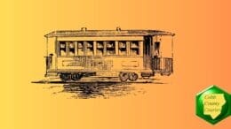 Pencil drawing of a 19th or early 20th-Century street car on rails