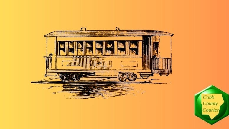 Pencil drawing of a 19th or early 20th-Century street car on rails