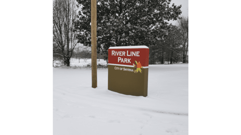 River Line Park sign in the snow