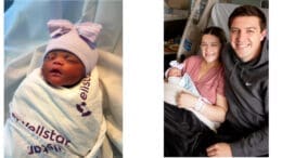 Two photos: a Black baby wrapped in a Wellstar blanket, and a white baby held by its mother, the father alongside