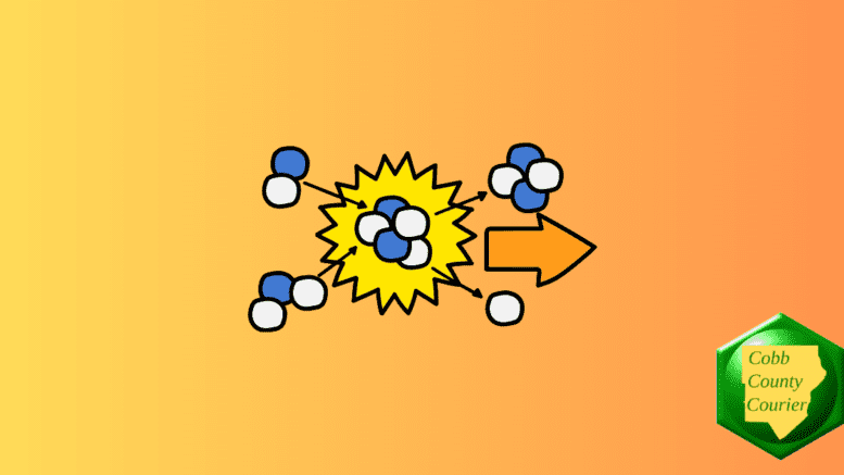 A diagram showing molecule going inward to a nucleus with energy and other molecules moving outward