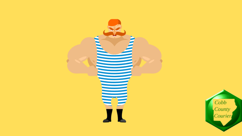 A cartoon-like drawing of an angry-looking circus strongman with a handle-bar mustache, hands on hips