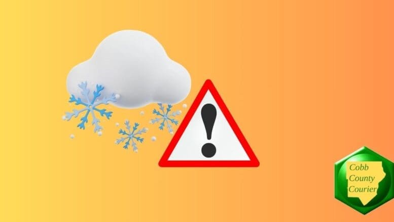 A drawing of a storm cloud with large snow crystals underneath and a red alert triangle with an exclamation mark beside it