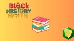 The words "Black History Month" beside a stack of books
